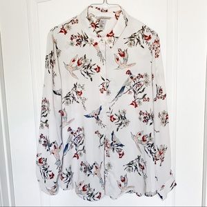H&M Chinoiserie Floral Bird Print Button Up Blouse